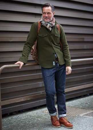 Men's Tobacco Leather High Top Sneakers, Navy Jeans, Blue Plaid Long Sleeve Shirt, Olive Military Jacket
