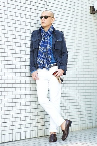 Blue Plaid Scarf Outfits For Men: 