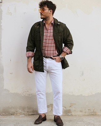 Men's Dark Brown Leather Loafers, White Jeans, Red and White Plaid Long Sleeve Shirt, Olive Military Jacket