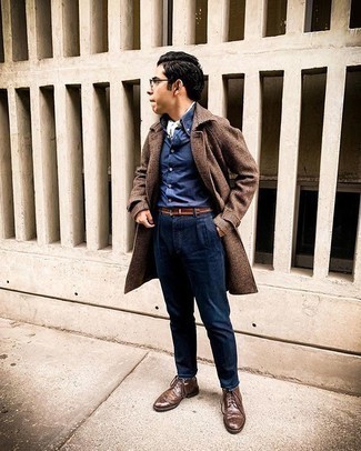 Men's Brown Leather Brogue Boots, Navy Jeans, Navy Long Sleeve Shirt, Brown Check Overcoat