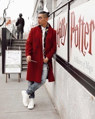 Men's White Canvas High Top Sneakers, Grey Ripped Jeans, White Long Sleeve Shirt, Red Overcoat