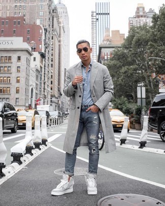 Men's White Leather High Top Sneakers, Blue Ripped Jeans, Light Blue Chambray Long Sleeve Shirt, Grey Plaid Overcoat