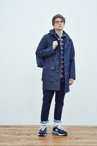 Men's Navy and White Athletic Shoes, Navy Jeans, Navy and White Plaid Long Sleeve Shirt, Navy Raincoat