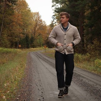 Grey Shawl Cardigan Outfits For Men: 