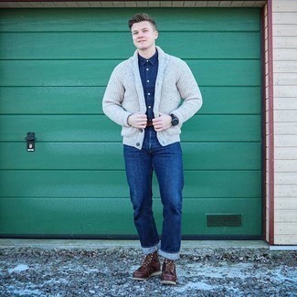 Grey Shawl Cardigan Outfits For Men: 