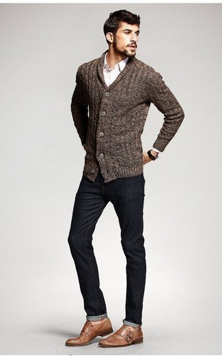 Dark Brown Shawl Cardigan Outfits For Men: 