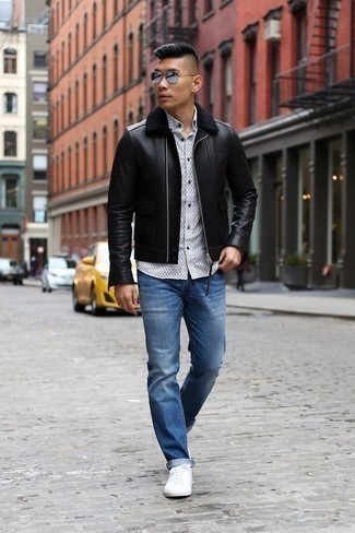 Grey Print Long Sleeve Shirt Outfits For Men: 