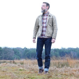 Men's Burgundy Leather Casual Boots, Navy Jeans, Multi colored Plaid Long Sleeve Shirt, Grey Shirt Jacket
