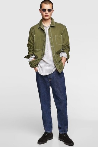 Olive Shirt Jacket with Derby Shoes Outfits: 