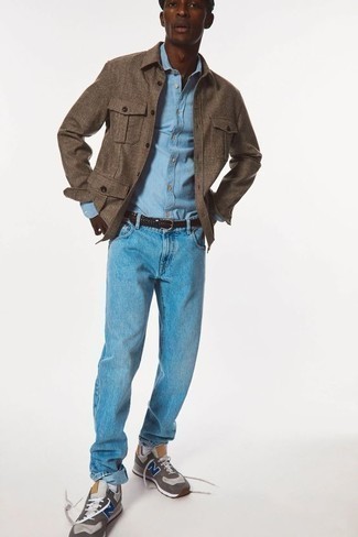 Men's Grey Athletic Shoes, Light Blue Jeans, Light Blue Chambray Long Sleeve Shirt, Brown Plaid Wool Shirt Jacket