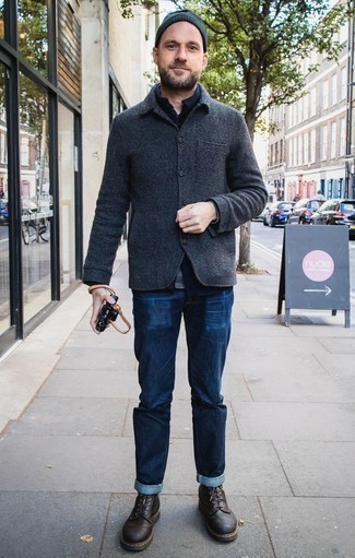Charcoal Wool Shirt Jacket Outfits For Men: 