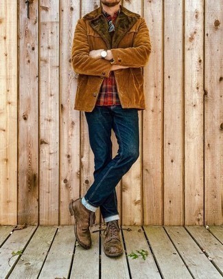 Men's Brown Leather Casual Boots, Navy Jeans, Red Plaid Long Sleeve Shirt, Tobacco Corduroy Shirt Jacket
