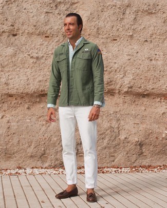 Olive Embroidered Shirt Jacket Outfits For Men: 