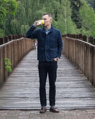 Navy Shirt Jacket with Boat Shoes Outfits: 