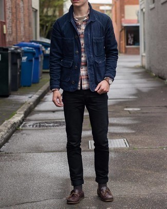 Navy Shirt Jacket with Boat Shoes Outfits: 