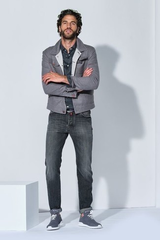 Men's Charcoal Athletic Shoes, Charcoal Jeans, Charcoal Long Sleeve Shirt, Grey Shirt Jacket