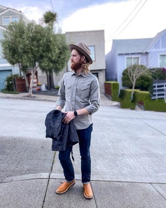 Grey Chambray Long Sleeve Shirt Outfits For Men: 