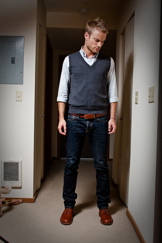 Men's Red Leather Derby Shoes, Navy Jeans, Light Blue Long Sleeve Shirt, Charcoal Sweater Vest