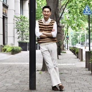 Beige Fair Isle Sweater Vest Outfits For Men: 