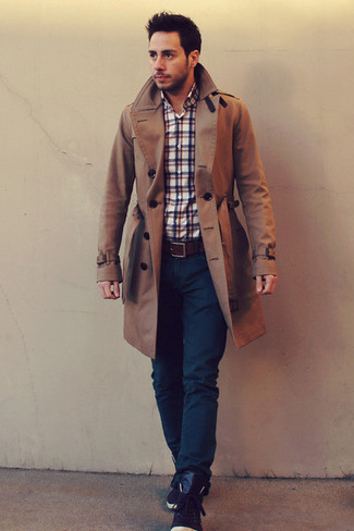 Men's Dark Brown Leather High Top Sneakers, Navy Jeans, White and Red and Navy Plaid Long Sleeve Shirt, Brown Trenchcoat