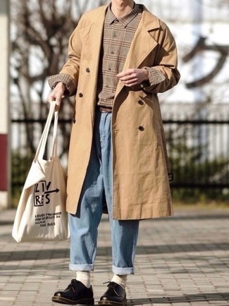 Beige Print Canvas Tote Bag Outfits For Men: 
