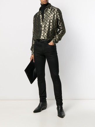 Men's Black Leather Chelsea Boots, Black Jeans, Gold Print Long Sleeve Shirt, Black Turtleneck