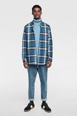 Blue Plaid Long Sleeve Shirt Outfits For Men: 