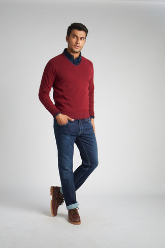 Men's Brown Leather Boat Shoes, Navy Jeans, Navy Long Sleeve Shirt, Burgundy V-neck Sweater