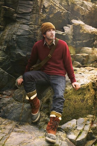 Men's Tobacco Snow Boots, Navy Jeans, Brown Plaid Long Sleeve Shirt, Burgundy V-neck Sweater