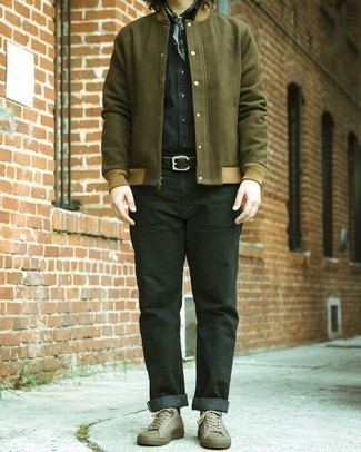 Olive Leather Low Top Sneakers Outfits For Men: 