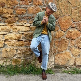 Men's Dark Brown Leather Derby Shoes, Light Blue Ripped Jeans, Mustard Long Sleeve T-Shirt, Olive Cotton Blazer