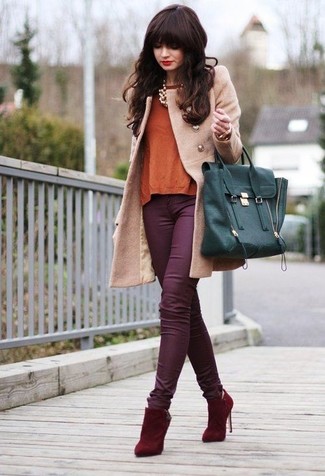 Burgundy Suede Ankle Boots Outfits: 