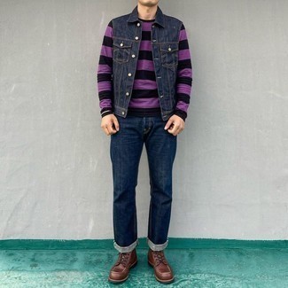 Men's Dark Brown Leather Casual Boots, Navy Jeans, Purple Horizontal Striped Long Sleeve T-Shirt, Navy Denim Gilet