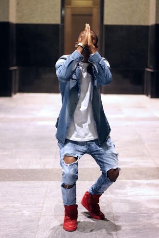 Men's Red Leather High Top Sneakers, Light Blue Ripped Jeans, White Long Sleeve T-Shirt, Blue Denim Shirt