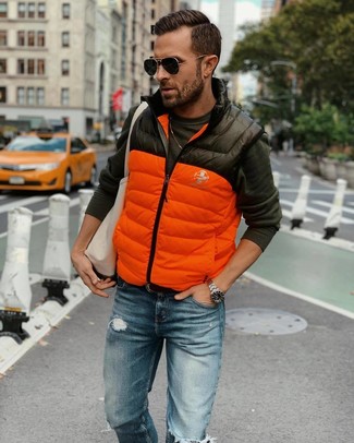 Men's Beige Canvas Tote Bag, Blue Ripped Jeans, Charcoal Long Sleeve T-Shirt, Orange Quilted Gilet
