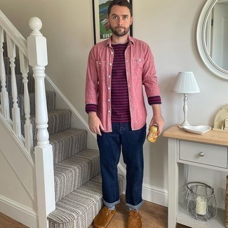 Men's Brown Suede Loafers, Navy Jeans, Navy Horizontal Striped Long Sleeve T-Shirt, Pink Long Sleeve Shirt