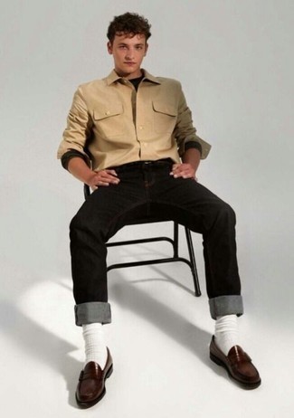 Tan Long Sleeve Shirt Outfits For Men: 