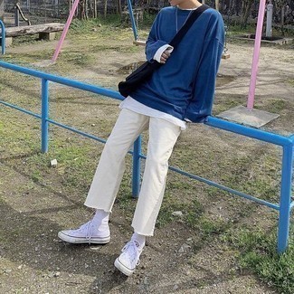 Men's White Canvas Low Top Sneakers, White Jeans, Navy Long Sleeve T-Shirt, White Long Sleeve T-Shirt