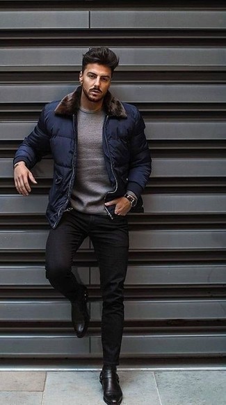 Men's Black Leather Chelsea Boots, Black Jeans, Grey Long Sleeve T-Shirt, Navy Puffer Jacket
