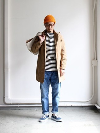 Men's Blue Canvas Low Top Sneakers, Blue Jeans, White and Black Horizontal Striped Long Sleeve T-Shirt, Tan Raincoat