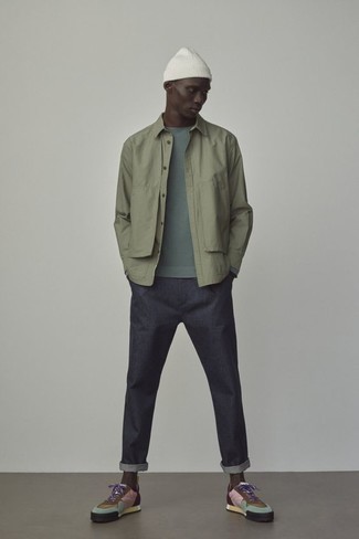Men's Multi colored Canvas Low Top Sneakers, Navy Jeans, Mint Long Sleeve T-Shirt, Olive Shirt Jacket
