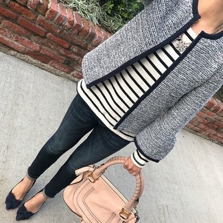 Women's Navy Suede Pumps, Navy Jeans, White and Black Horizontal Striped Long Sleeve T-shirt, Navy Tweed Jacket
