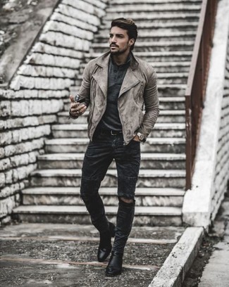 Grey Biker Jacket Outfits For Men: 