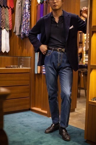 Men's Dark Brown Leather Tassel Loafers, Navy Jeans, Black Polo, Navy Knit Blazer