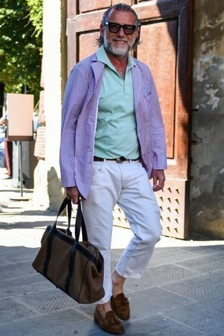 Men's Brown Suede Tassel Loafers, White Jeans, Mint Polo, White and Navy Vertical Striped Blazer