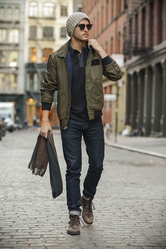 Men's Dark Brown Leather Casual Boots, Navy Jeans, Charcoal Polo, Olive Bomber Jacket