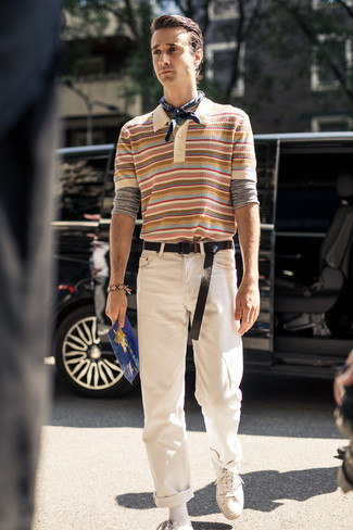 Multi colored Horizontal Striped Polo Outfits For Men: 