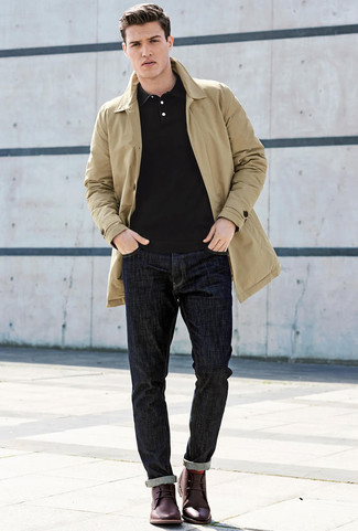 Black Polo with Tan Trenchcoat Outfits For Men: 