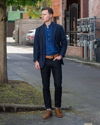 Blue Chambray Short Sleeve Shirt Outfits For Men: 