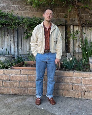 Men's Brown Leather Loafers, Light Blue Jeans, Tobacco Plaid Short Sleeve Shirt, White Bomber Jacket